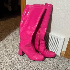Hot Pink Patent Knee-High Block Heel Boots - Women